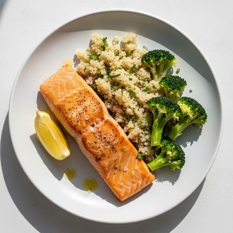 Seared Salmon with Steamed Broccoli and Quinoa