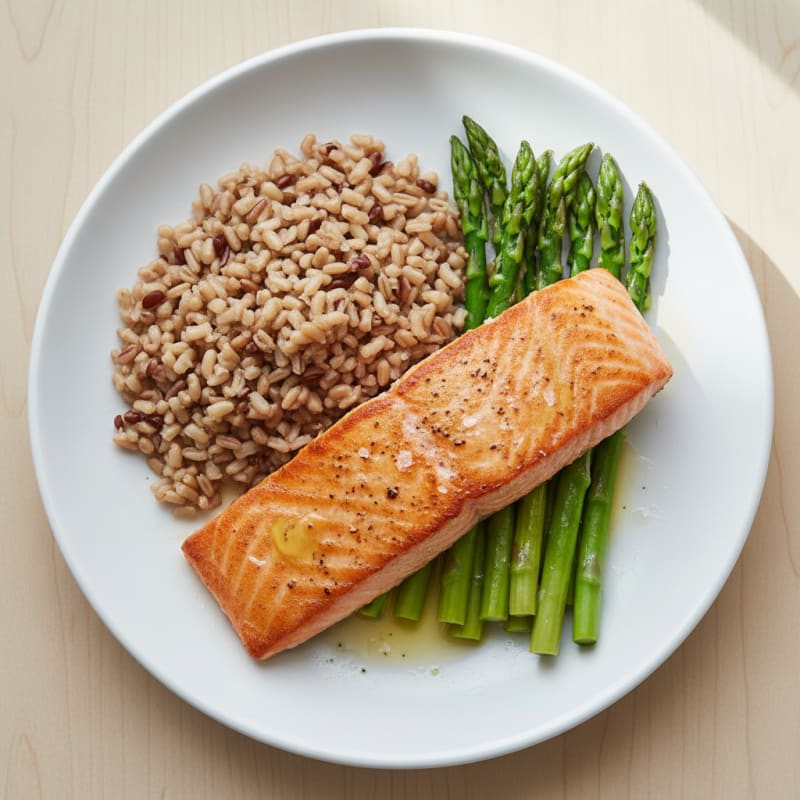 Seared Salmon Fillet with Steamed Asparagus and Brown Rice