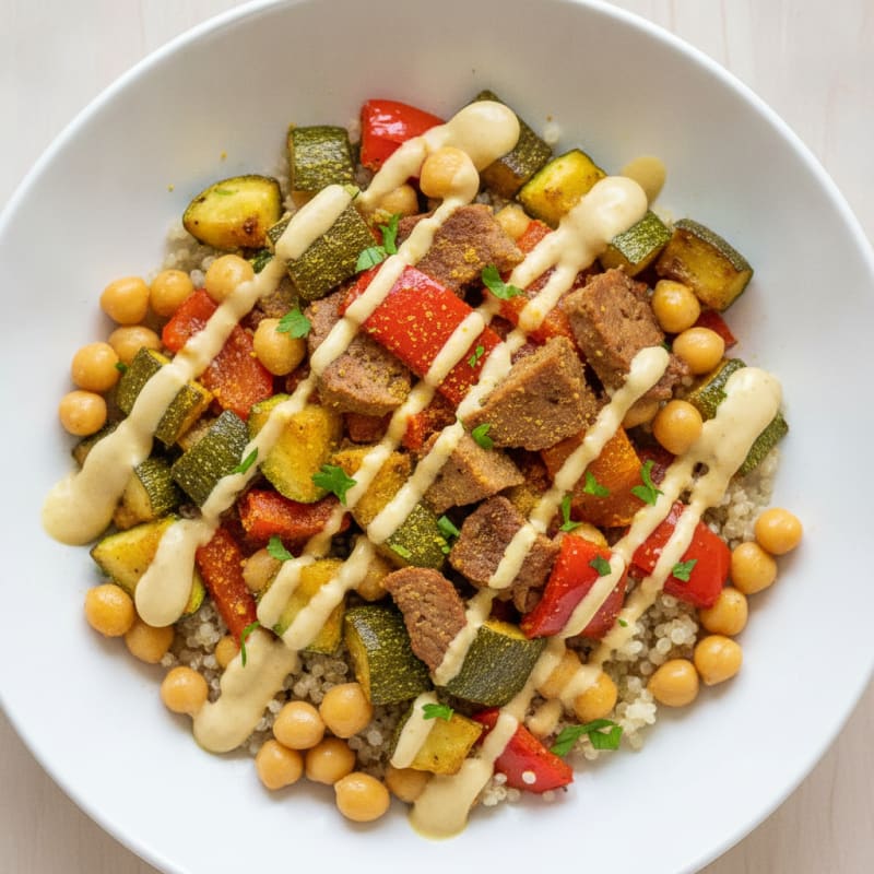 Chickpea and Quinoa Power Bowl with Roasted Vegetables and Lemon-Tahini Drizzle
