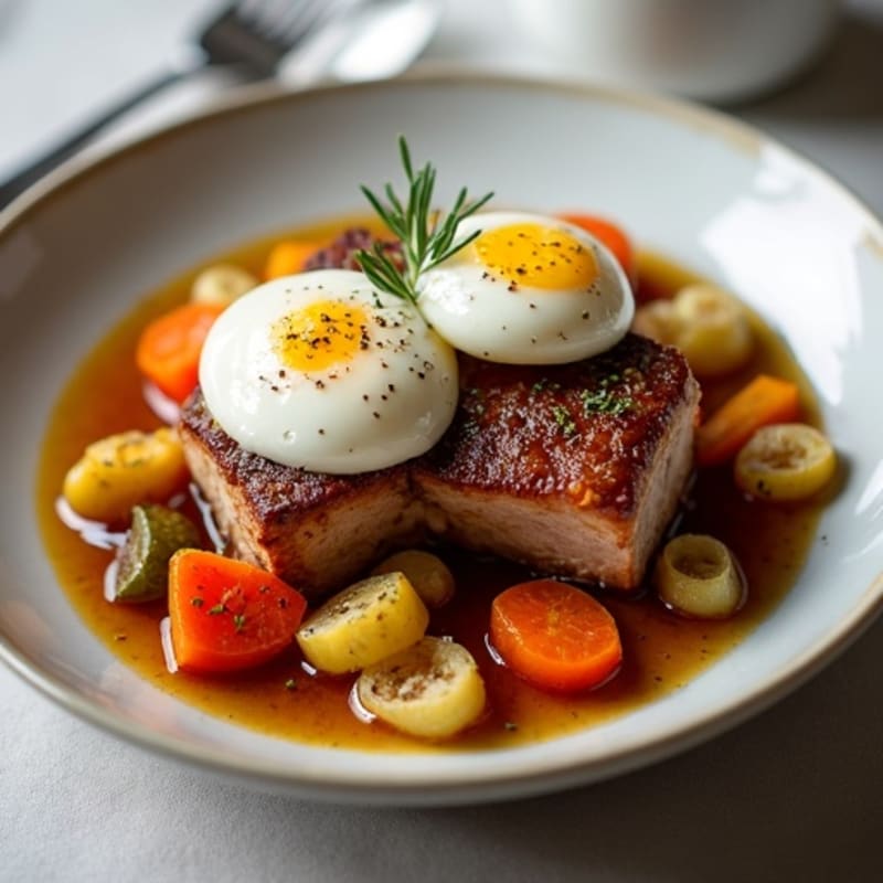Tender Slow-Braised Pork Belly with Herb-Roasted Root Vegetables