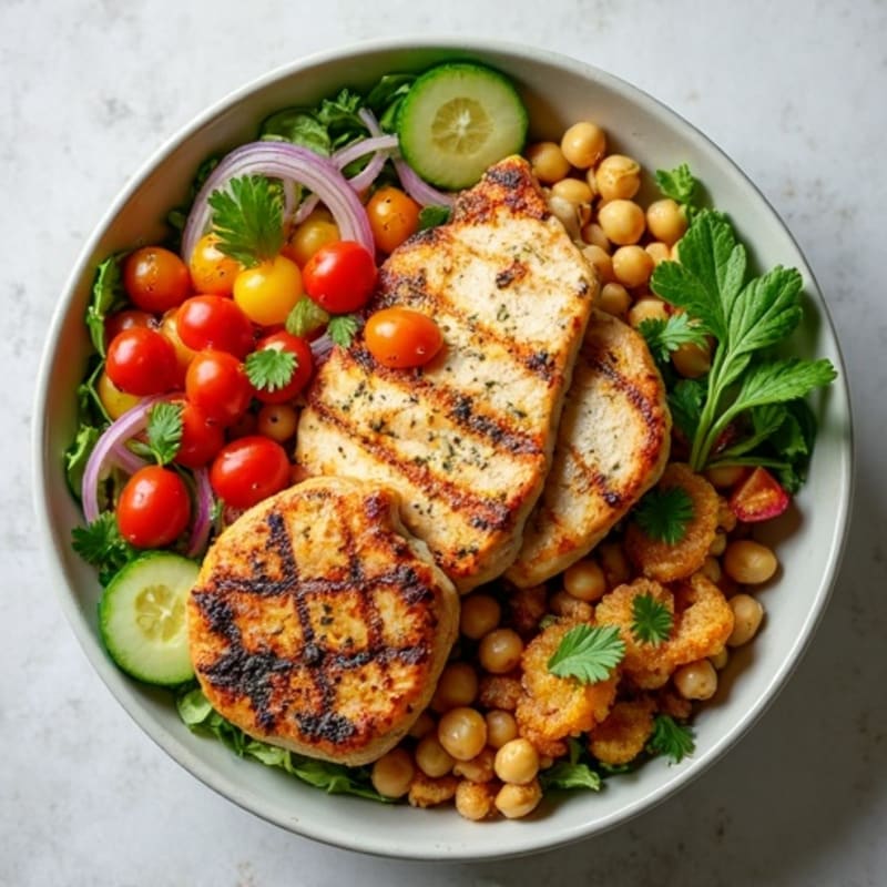 Lemon Herb Grilled Chicken and Chickpea Salad Bowl with Crispy Vegetables