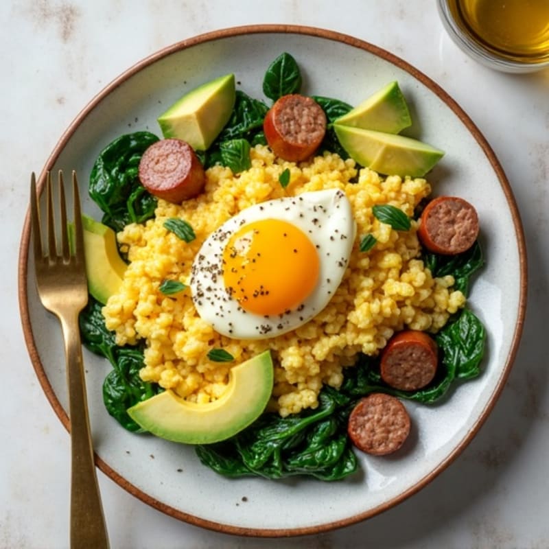 Cottage Cheese Egg Scramble with Turkey Sausage and Sautéed Spinach
