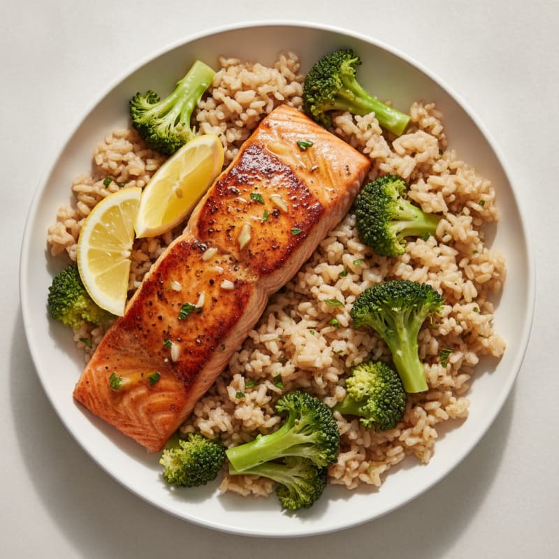 Seared Salmon with Steamed Broccoli and Brown Rice