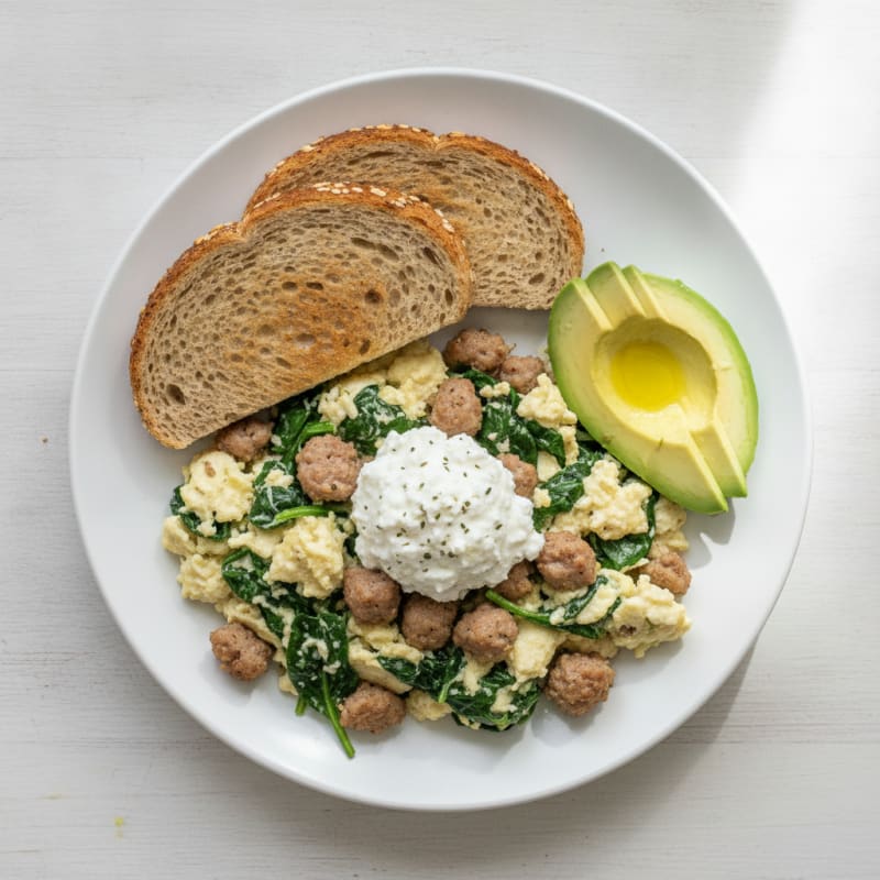 Egg White and Turkey Sausage Scramble with Cottage Cheese and Sautéed Spinach
