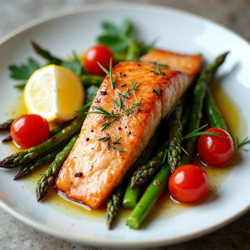Flaky Lemon Herb Roasted Salmon with Crispy Asparagus and Cherry Tomatoes