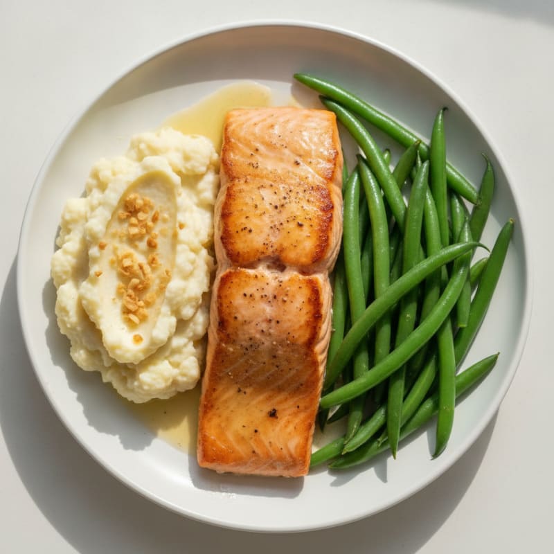 Seared Salmon with Steamed Green Beans and Garlic Mashed Cauliflower