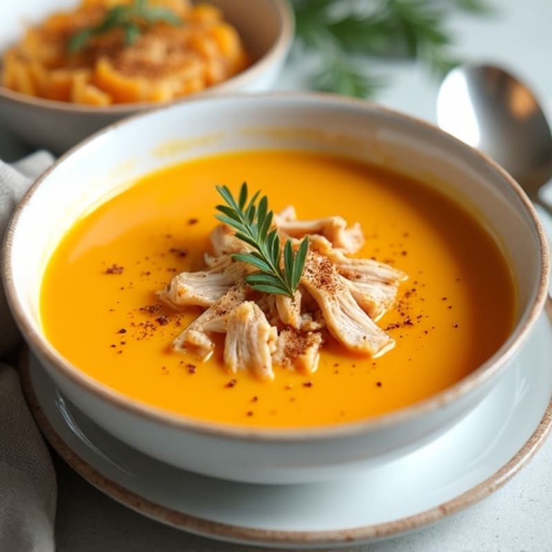 Creamy Roasted Butternut Squash Soup with Shredded Chicken