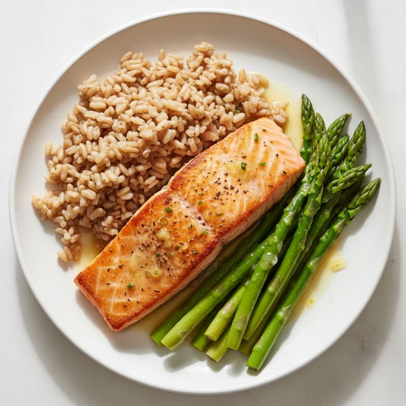 Seared Salmon Fillet with Steamed Asparagus and Brown Rice