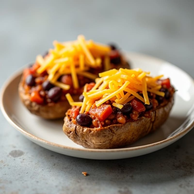 Crispy Baked Potato Halves with Hearty Turkey Chili and Sharp Cheddar
