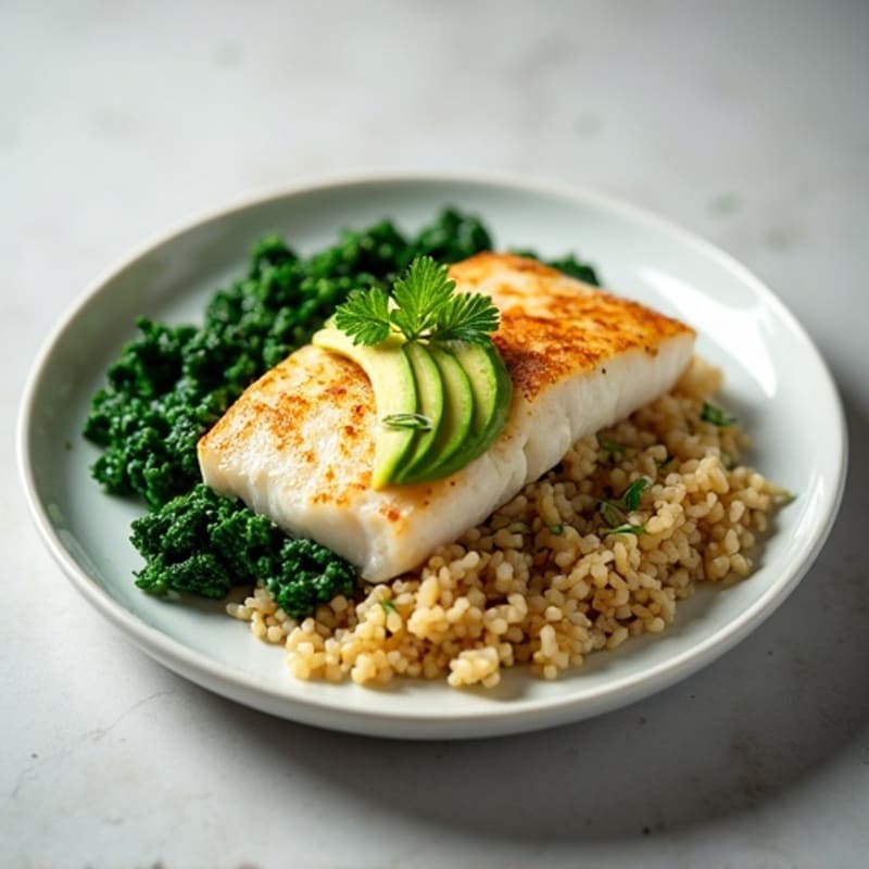 Seared White Fish with Herbed Rice and Sautéed Greens