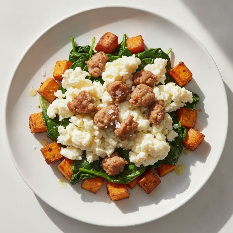 Egg White and Turkey Sausage Scramble with Spinach and Roasted Sweet Potato
