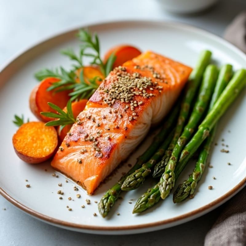 Seared Salmon with Roasted Sweet Potato and Asparagus