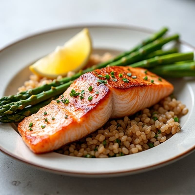 Seared Salmon with Steamed Asparagus and Brown Rice