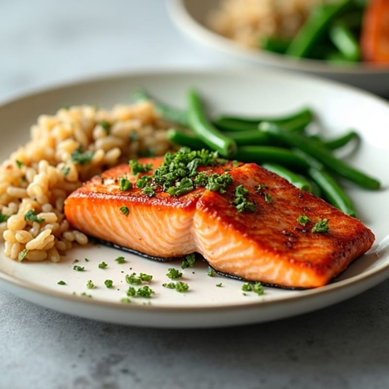 Seared Salmon with Garlic Green Beans and Brown Rice