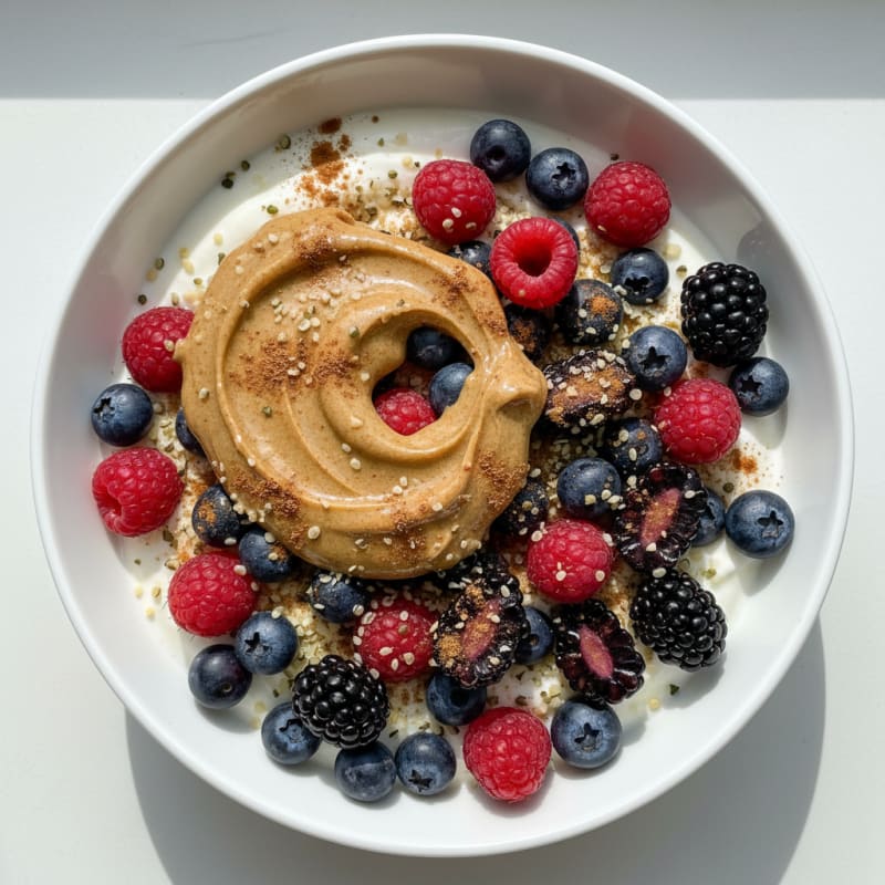 Greek Yogurt Bowl with Almond Butter, Mixed Berries and Hemp Seeds