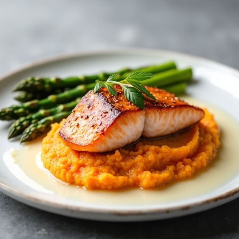 Seared Salmon with Steamed Asparagus and Sweet Potato Mash