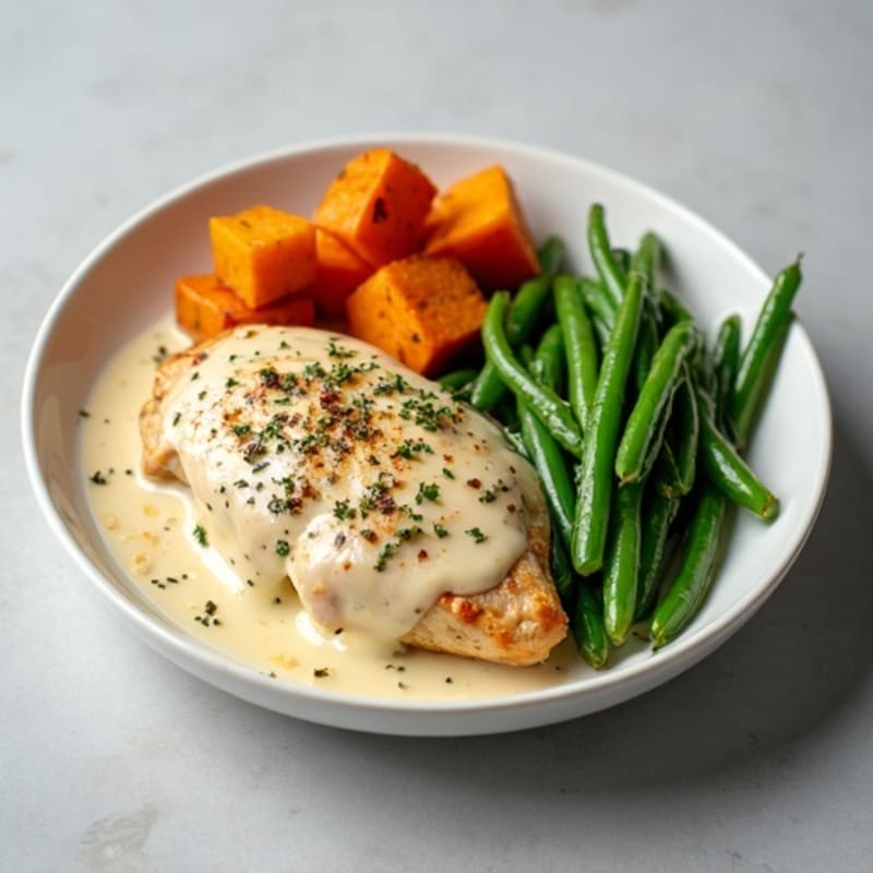 Creamy Garlic Chicken with Roasted Sweet Potatoes and Green Beans