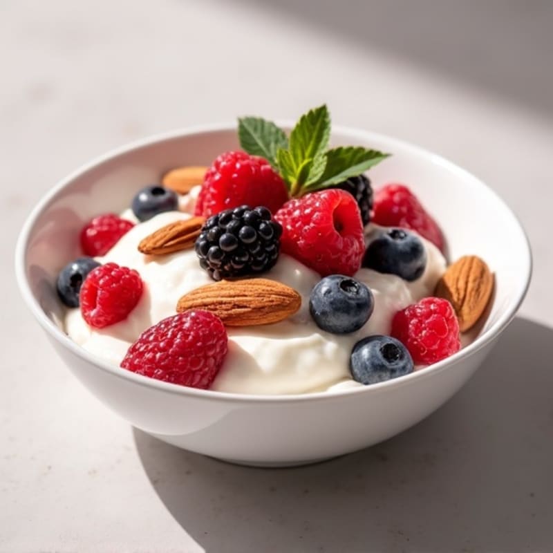 Silky Protein Greek Yogurt with Mixed Berries and Almonds