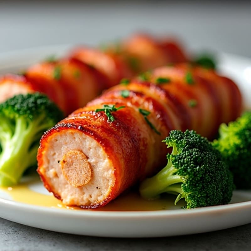 Smoked Paprika Chicken Sausage Wrapped in Crispy Bacon with Roasted Broccoli