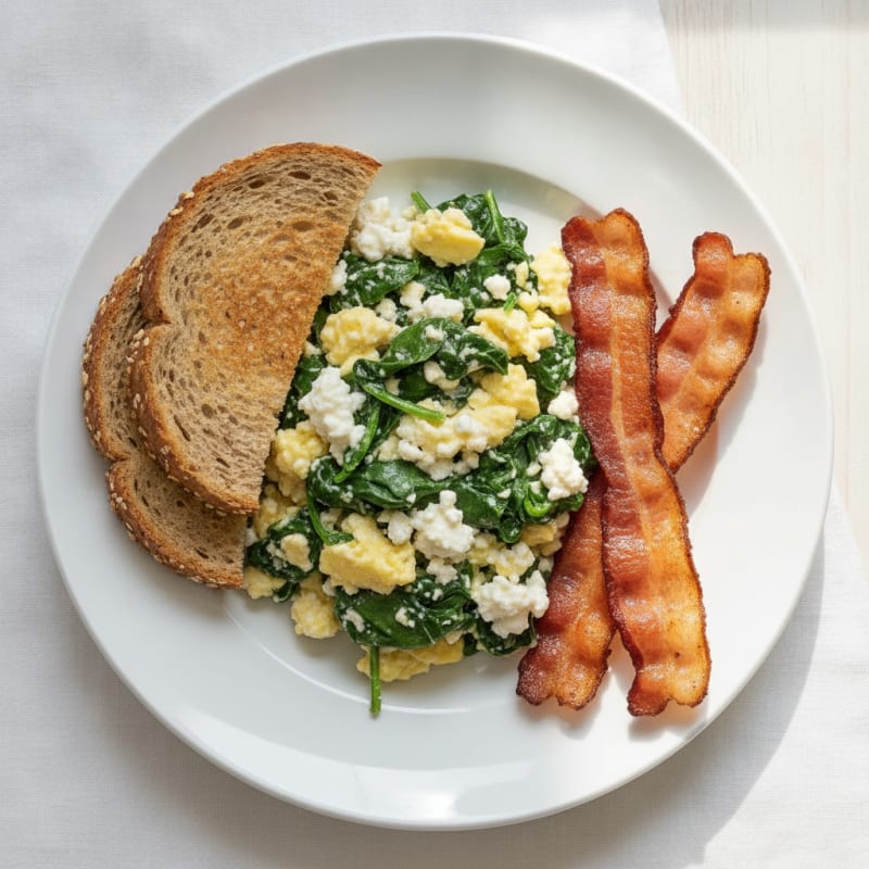 Cottage Cheese Scramble with Spinach and Turkey Bacon