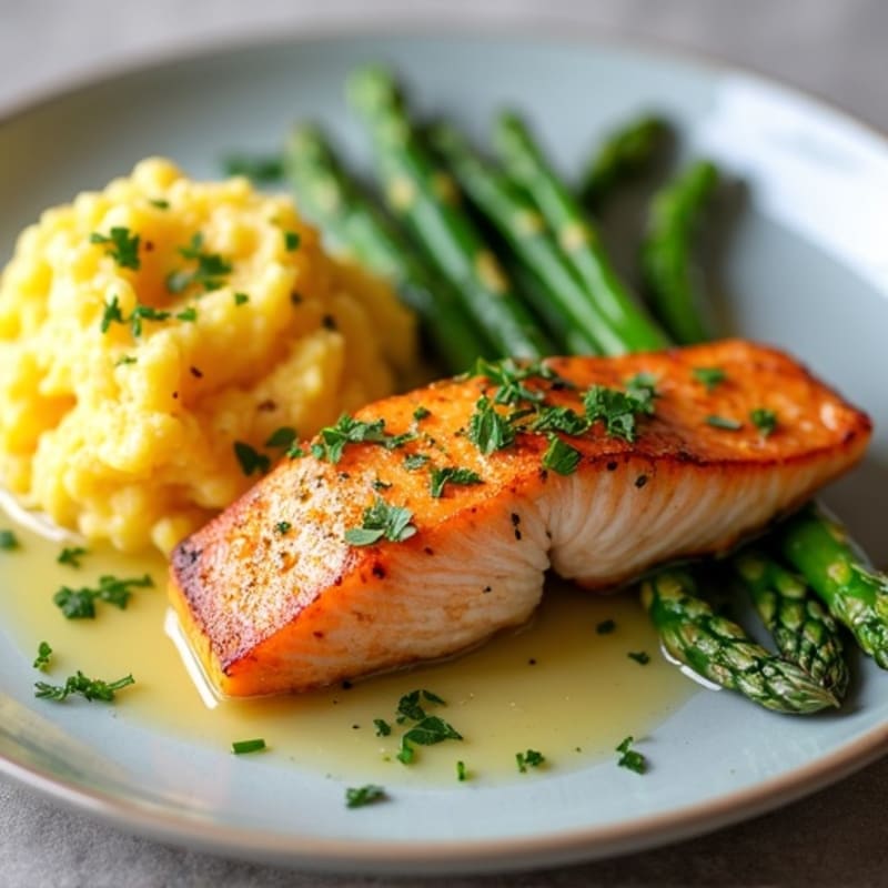 Seared Salmon Fillet with Steamed Asparagus and Garlic Mashed Sweet Potatoes