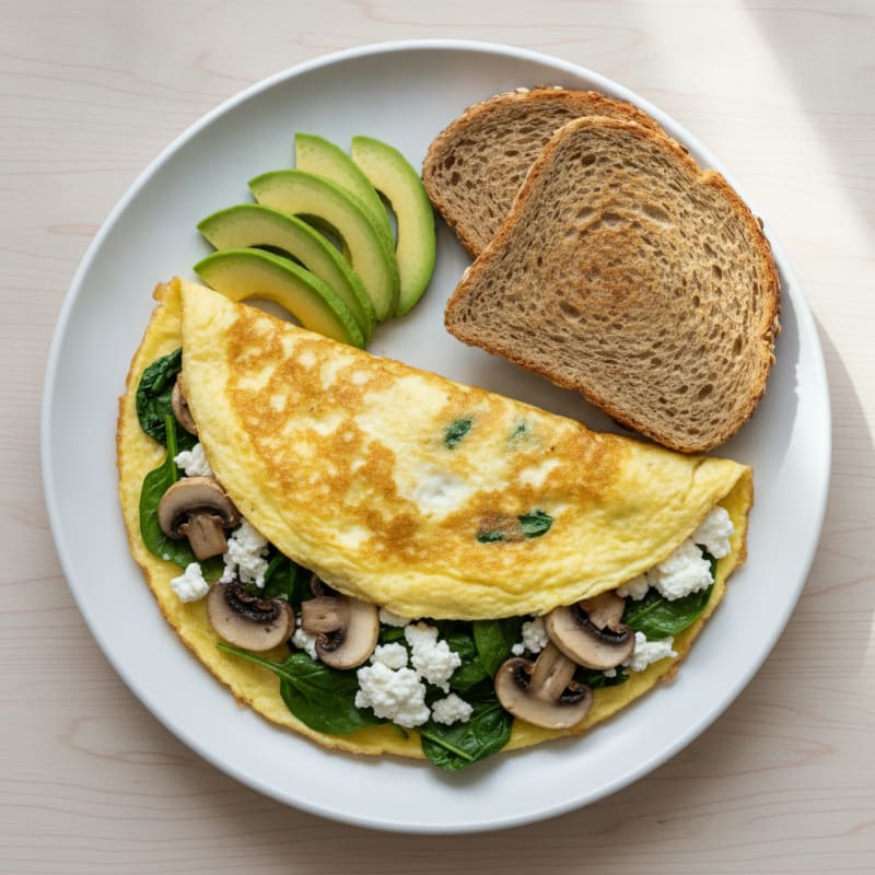 Egg White Spinach Omelette with Cottage Cheese and Sautéed Mushrooms