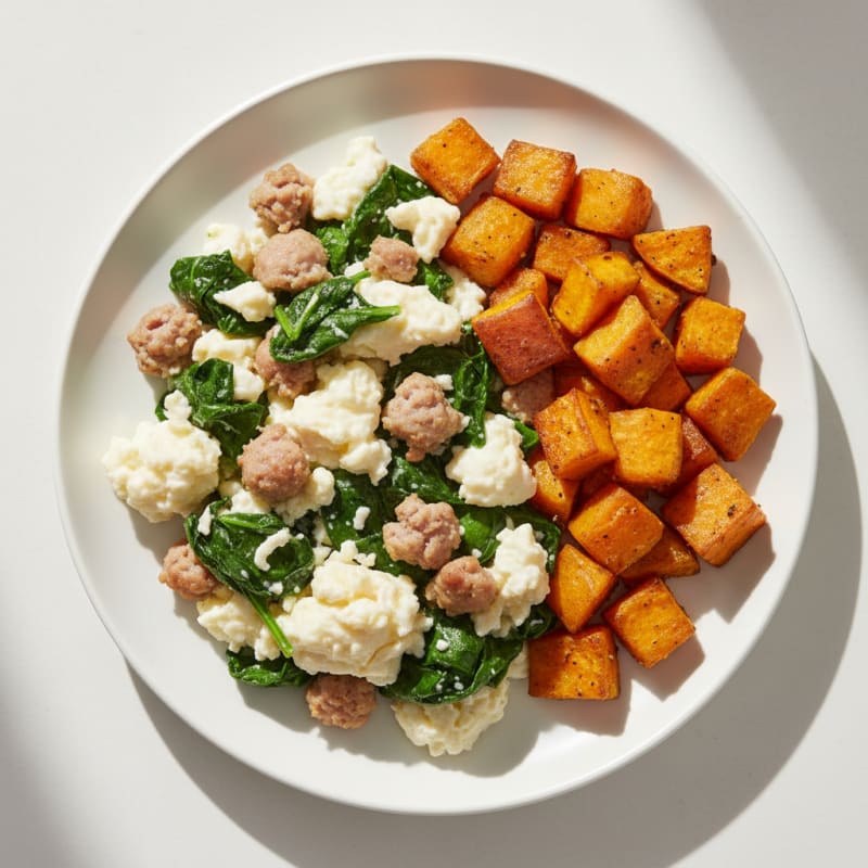 Egg White and Turkey Sausage Scramble with Sautéed Spinach and Roasted Sweet Potatoes