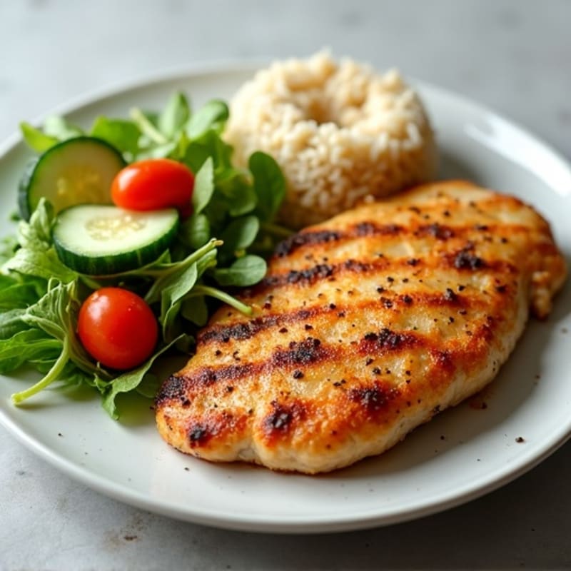 Crispy Pan-Seared Chicken with Fluffy Brown Rice and Fresh Green Salad