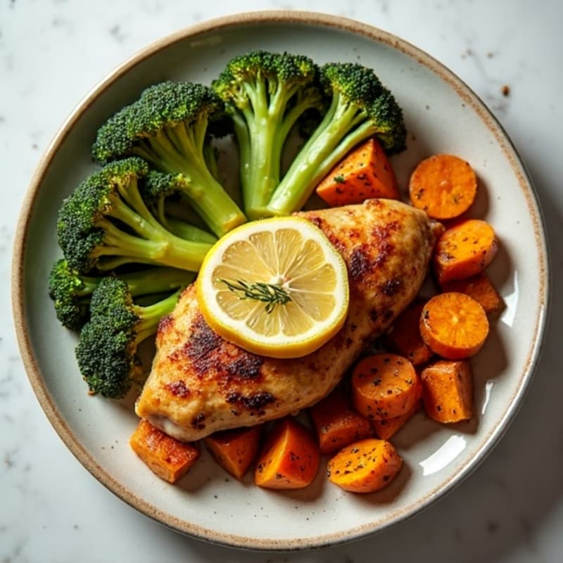 Crispy Lemon-Herb Roasted Chicken with Roasted Sweet Potatoes and Broccoli
