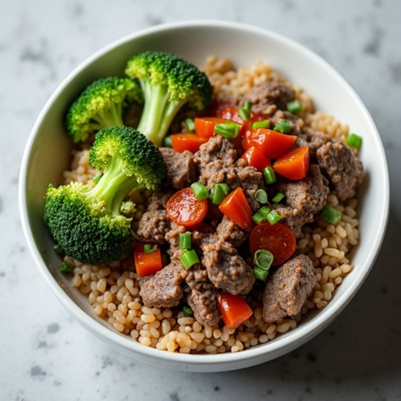 Tender Lean Beef and Crispy Broccoli Brown Rice Bowl