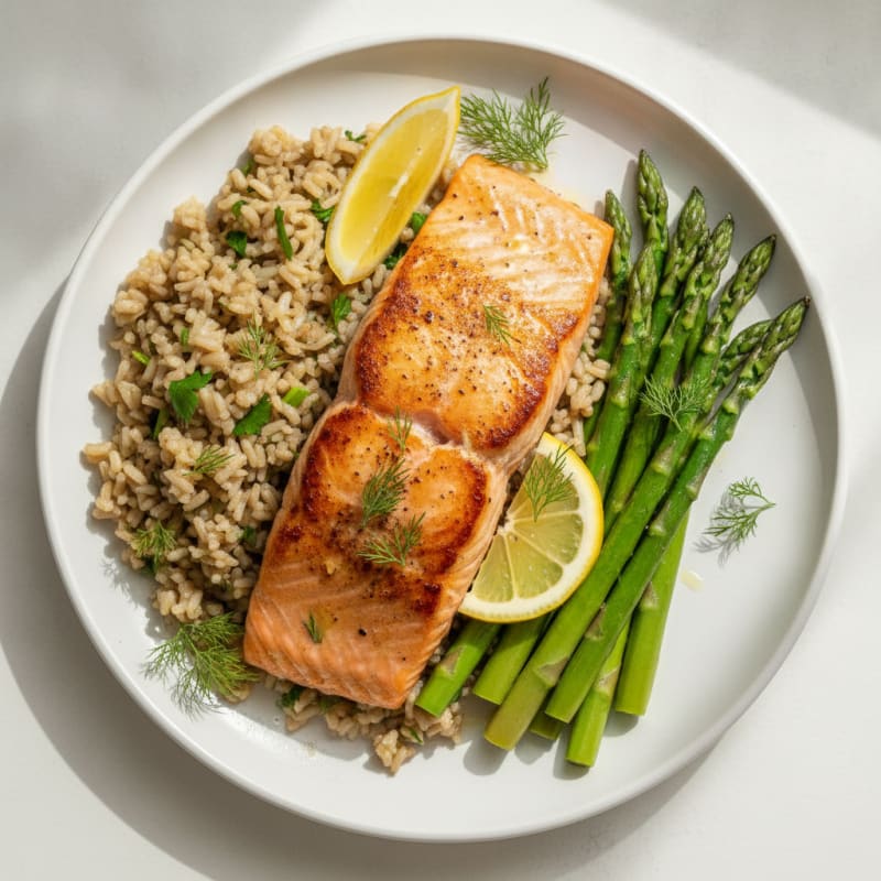 Seared Salmon with Steamed Asparagus and Herbed Brown Rice