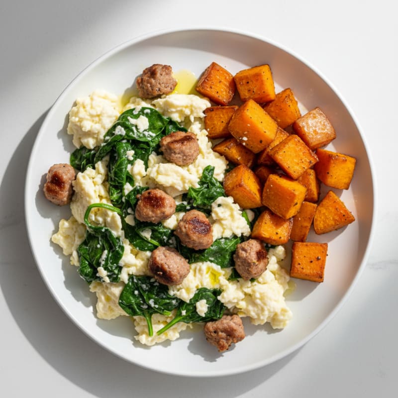 Egg White Spinach Scramble with Turkey Sausage and Roasted Sweet Potato