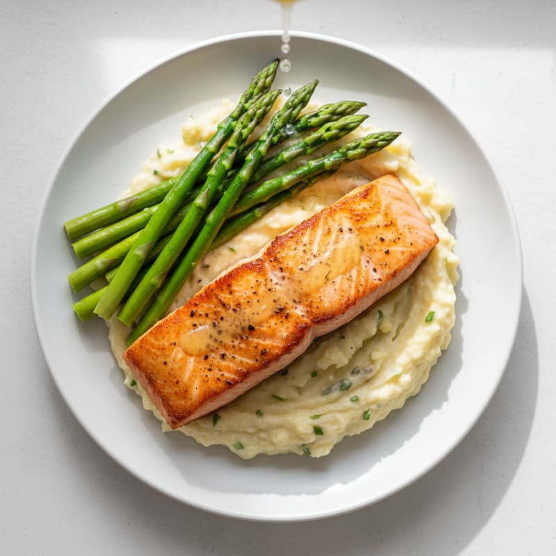 Seared Salmon with Steamed Asparagus and Garlic Mashed Cauliflower