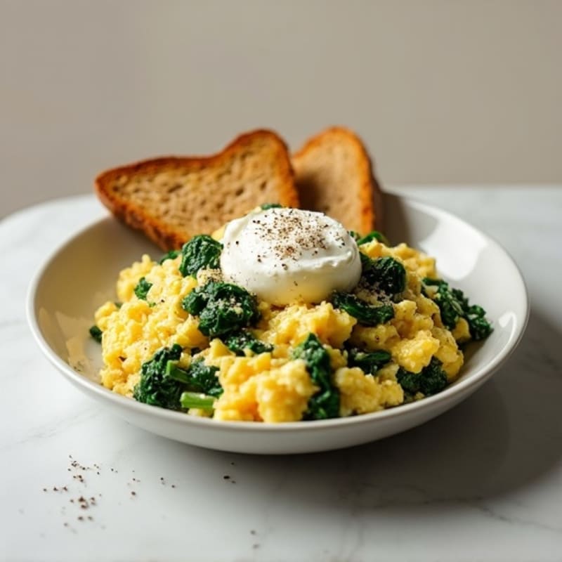 Egg White and Spinach Scramble with Cottage Cheese and Toast
