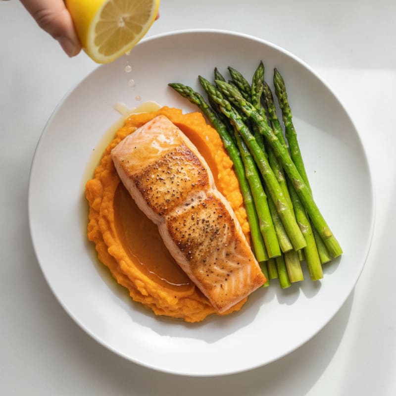 Seared Salmon Fillet with Roasted Asparagus and Sweet Potato Mash