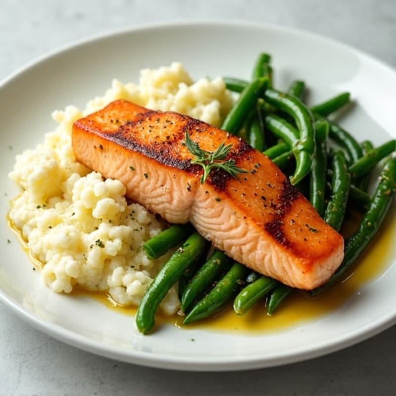Seared Salmon with Garlic Green Beans and Cauliflower Mash
