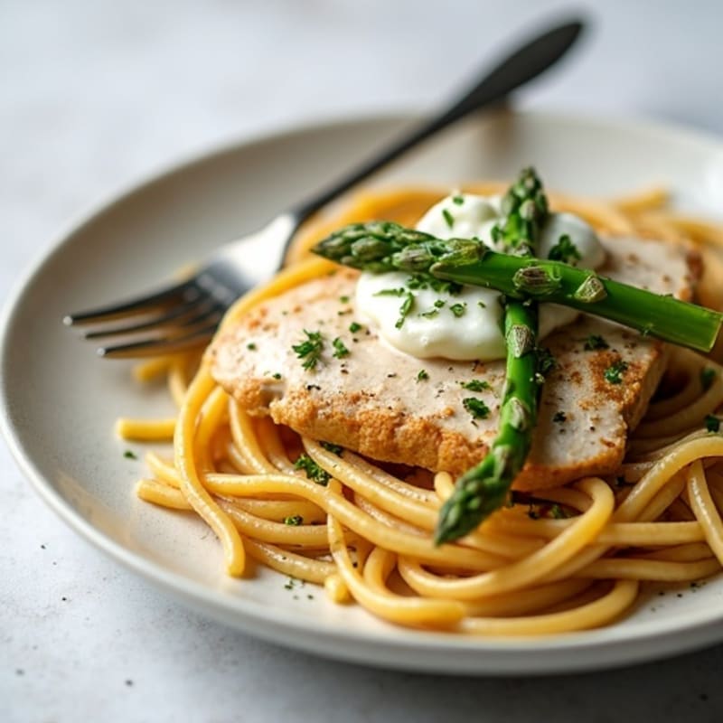 Whole Wheat Pasta with Creamy Lemon-Garlic Chicken and Roasted Asparagus