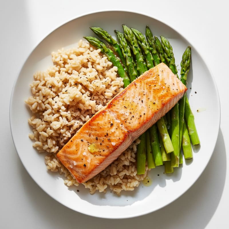 Seared Salmon with Steamed Asparagus and Brown Rice