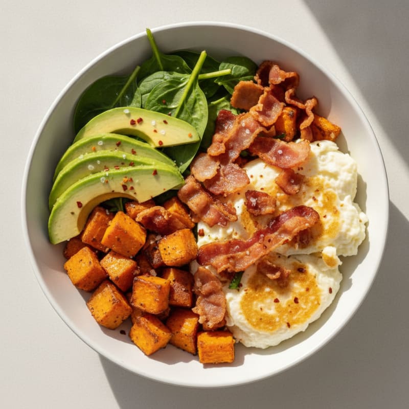 Crispy Turkey Bacon and Egg White Breakfast Bowl with Roasted Sweet Potato