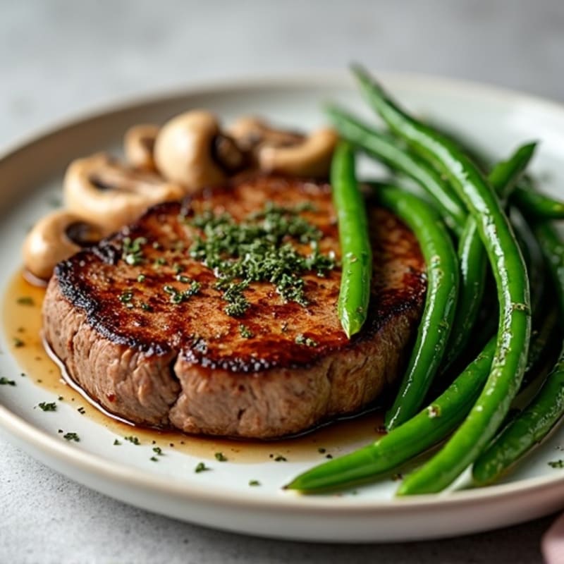 Seared Sirloin Steak with Roasted Garlic Butter Mushrooms and Fresh Green Beans