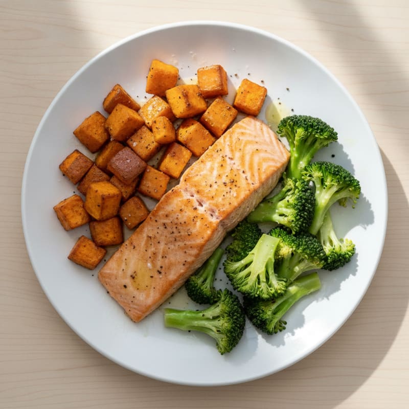 Seared Salmon with Roasted Sweet Potato and Steamed Broccoli