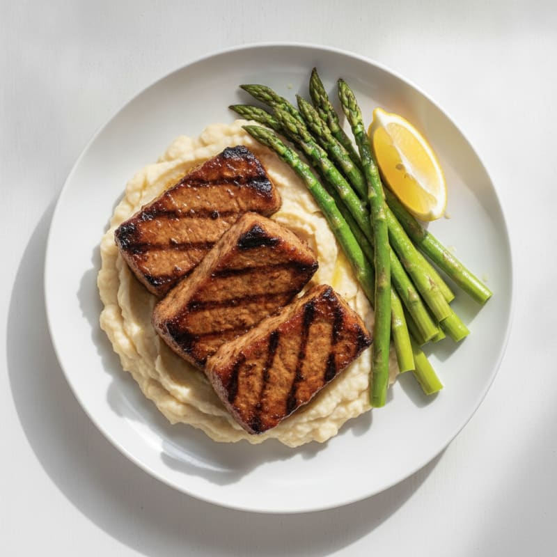 Grilled Seitan Steaks with Steamed Asparagus and White Bean Mash