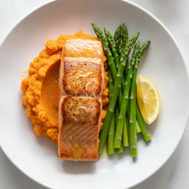 Seared Salmon with Steamed Asparagus and Sweet Potato Mash