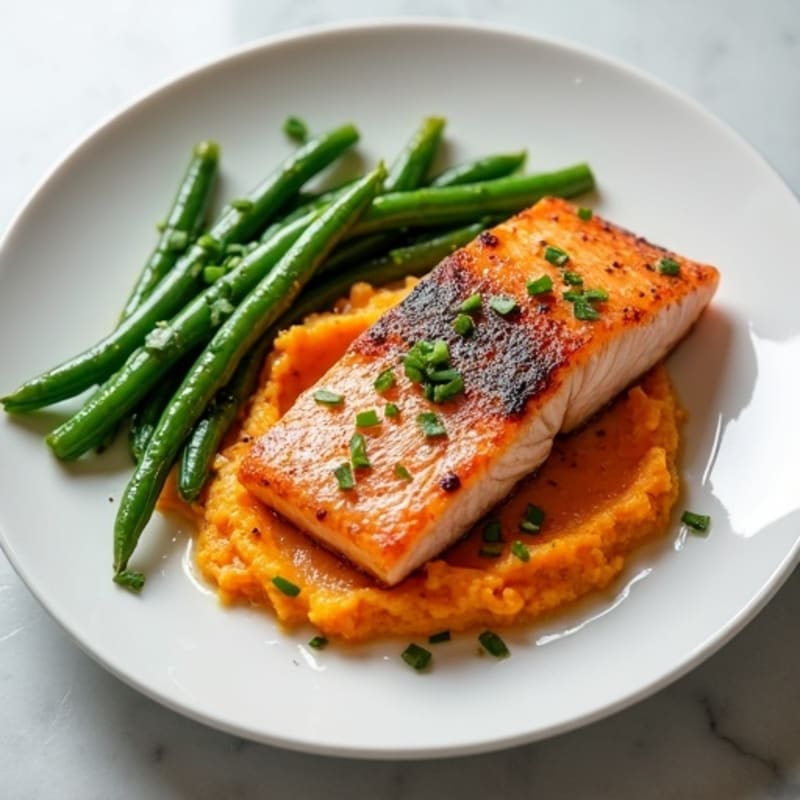 Seared Salmon Filet with Garlic Green Beans and Sweet Potato Mash