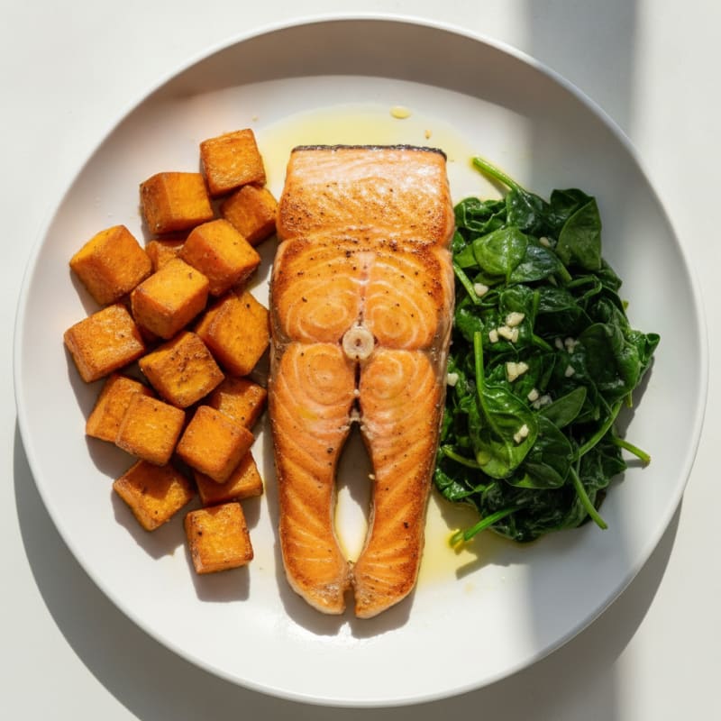 Seared Salmon Fillet with Roasted Sweet Potato and Sautéed Spinach