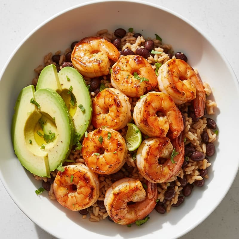 Grilled Shrimp and Avocado Rice Bowl with Black Beans