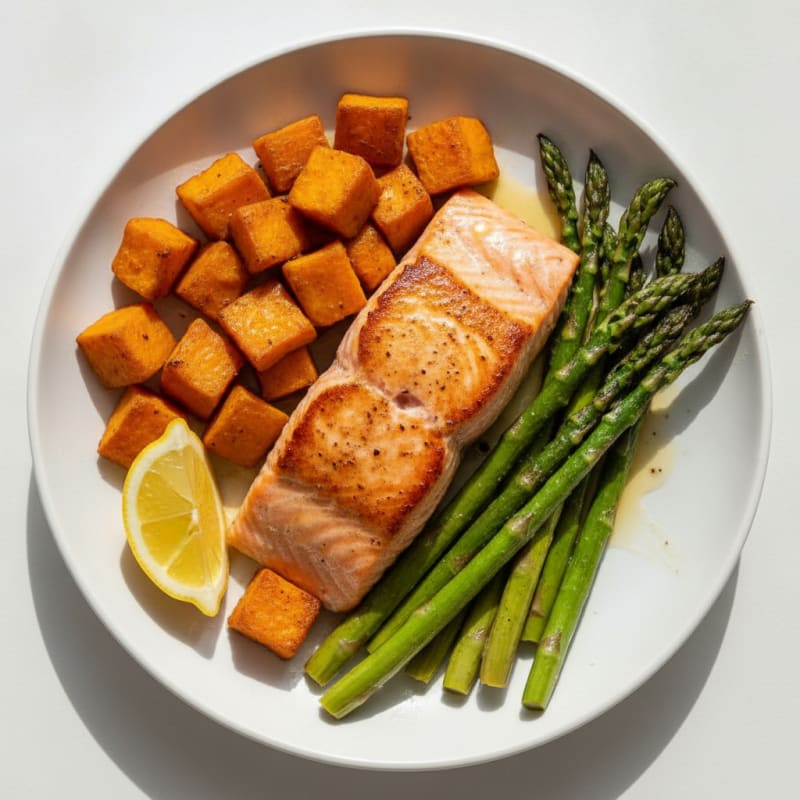 Seared Salmon with Roasted Sweet Potato and Asparagus