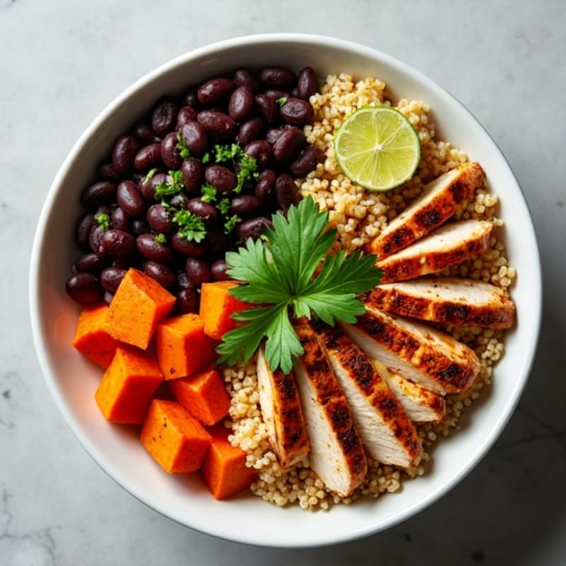 Spicy Black Bean Quinoa Bowl with Roasted Sweet Potato