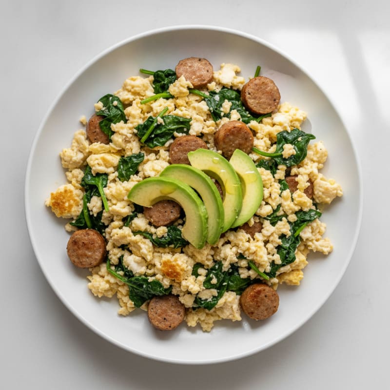 Egg White and Turkey Sausage Scramble with Sautéed Spinach