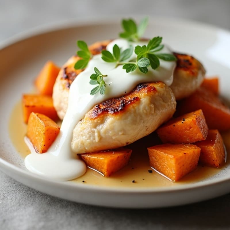 Creamy Tangy Chicken with Salted Maple Glazed Sweet Potatoes